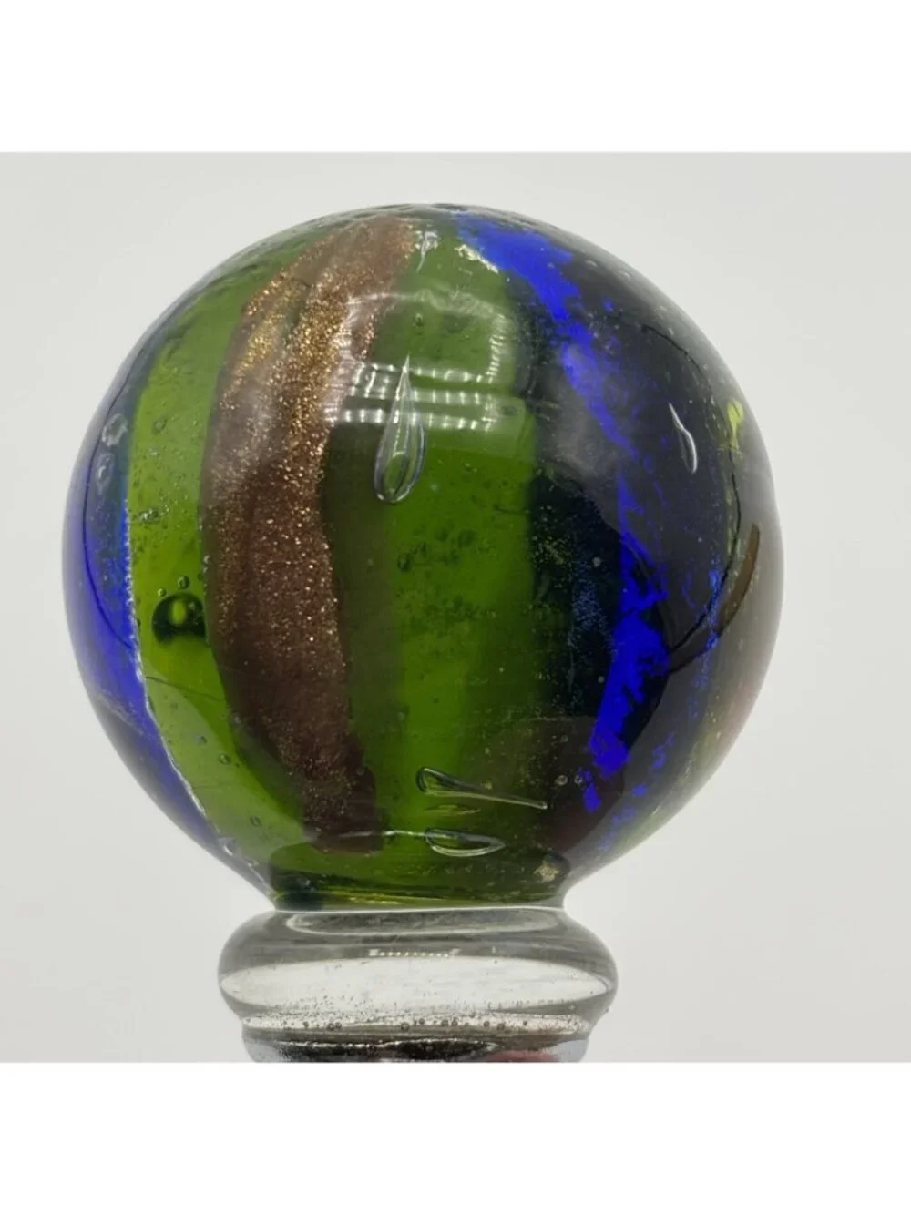 Art Glass Wine Bottle Stopper Topper Green Ball Gold Blue Striped Glossy Bubbles